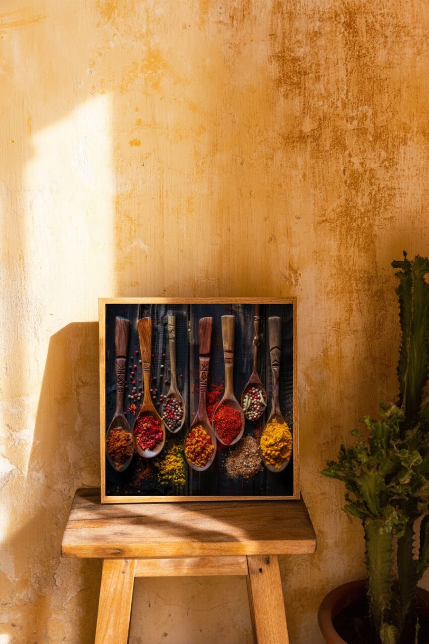 Fotografie Poster Gewürzlöffel bunt warme Erdtöne Holz