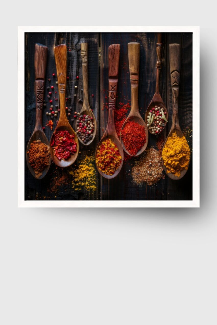 Fotografie Poster Gewürzlöffel bunt warme Erdtöne Holz