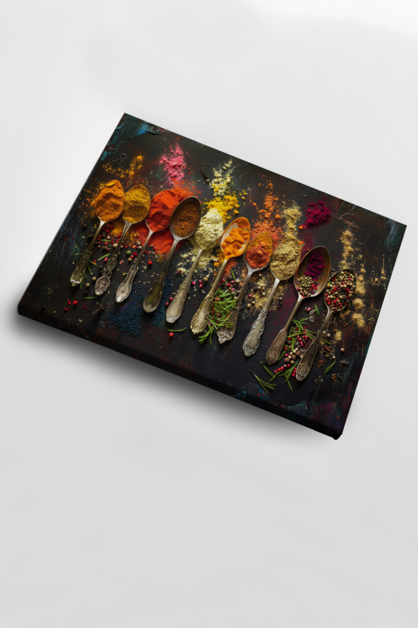 Fotografie Poster Gewürzlöffel bunte Mischung gelb rot grün