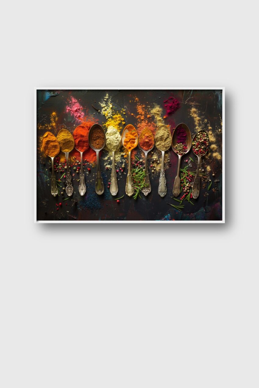 Fotografie Poster Gewürzlöffel bunte Mischung gelb rot grün