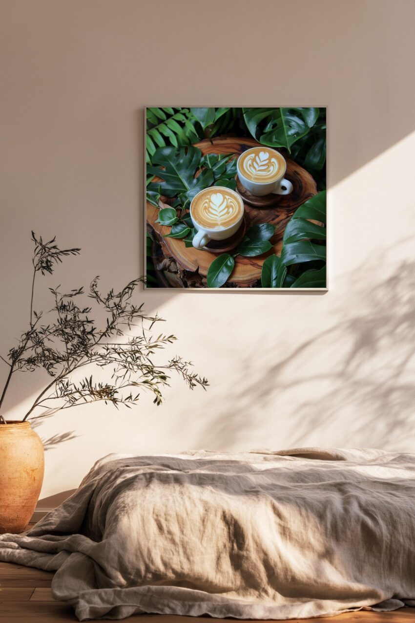 Fotografie Poster Latte Tassen Milchkunst Holz grün