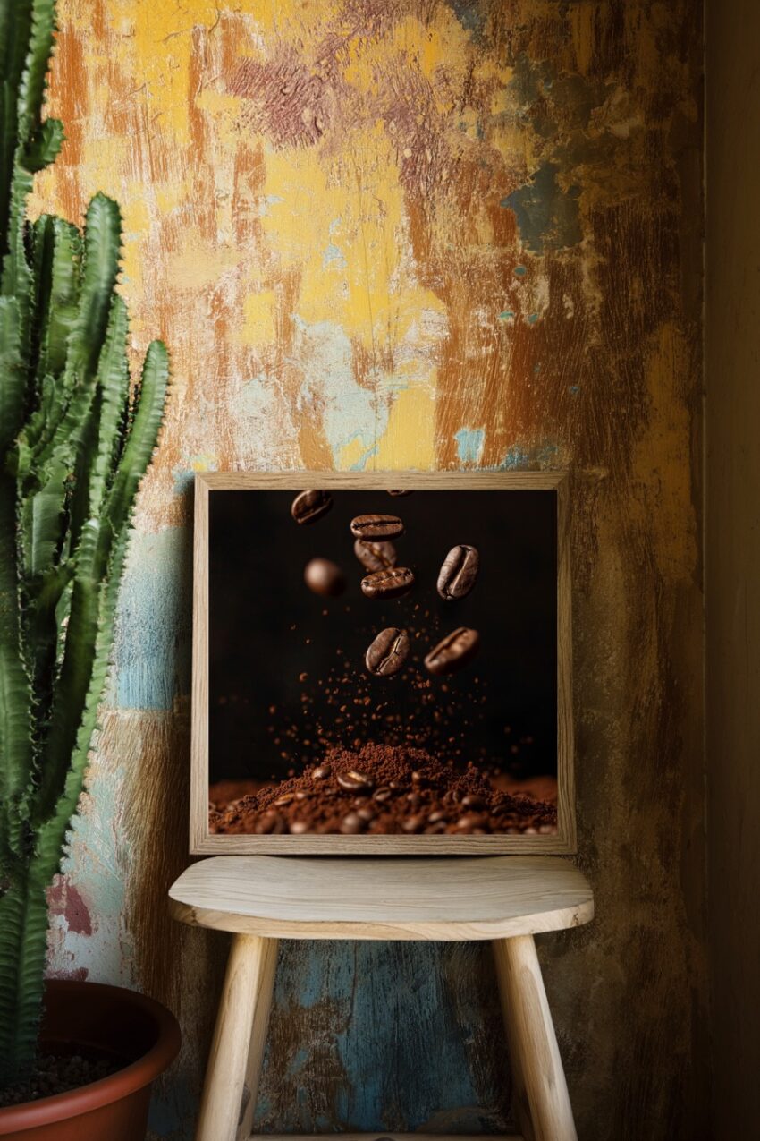 Fotografie Poster Kaffeebohnen schwebend braun dunkel