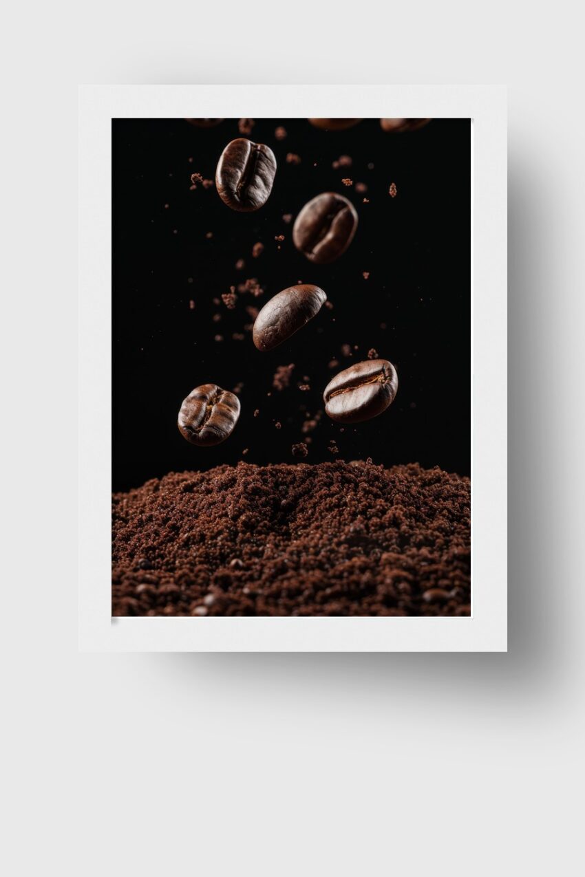 Fotografie Poster Kaffeebohnen schwebend braun schwarz