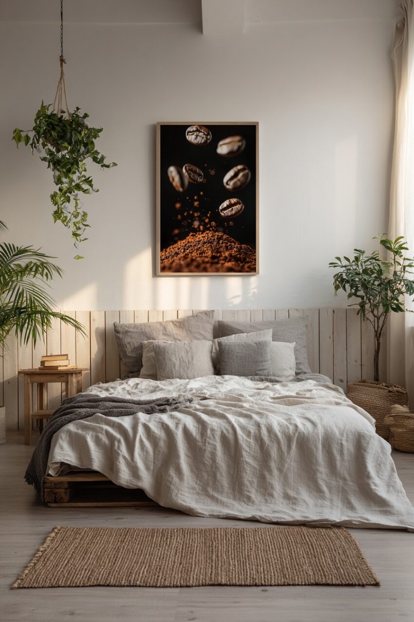 Fotografie Poster Kaffeebohne schwebend braun detailreich