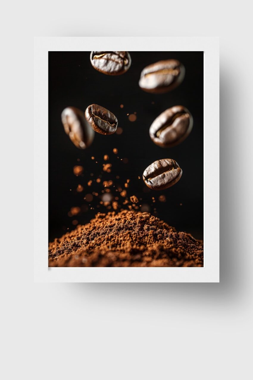 Fotografie Poster Kaffeebohne schwebend braun detailreich