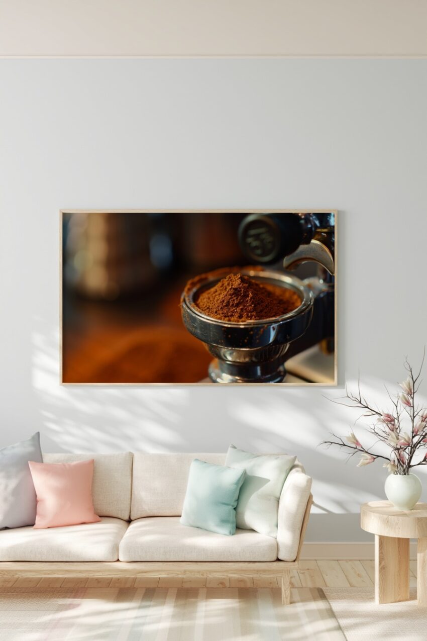 Fotografie Poster Kaffeepulver Siebträger braun nah