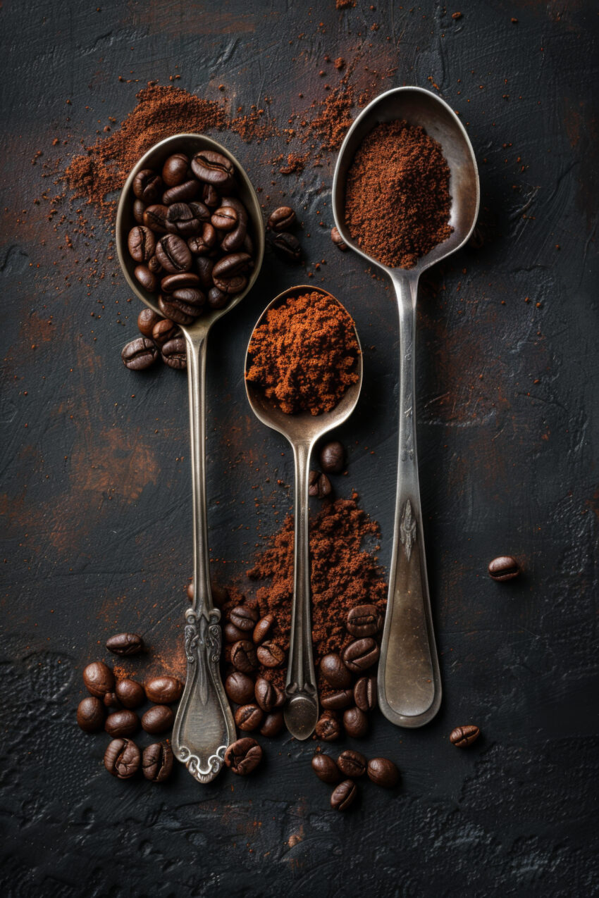 Fotografie Poster Kaffee Kaffeebohnen gemahlen metallisch dunkel