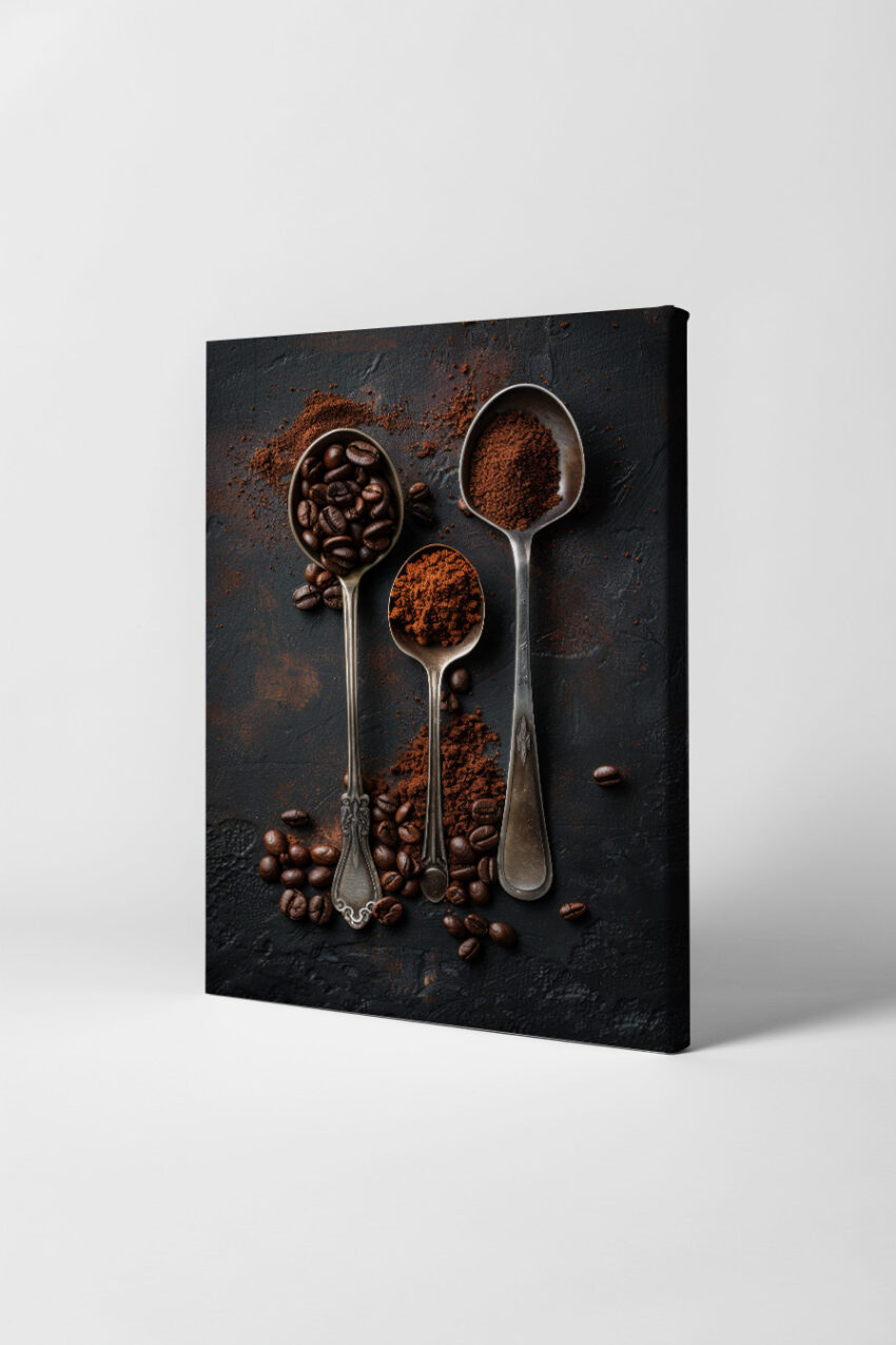 Fotografie Poster Kaffee Kaffeebohnen gemahlen metallisch dunkel