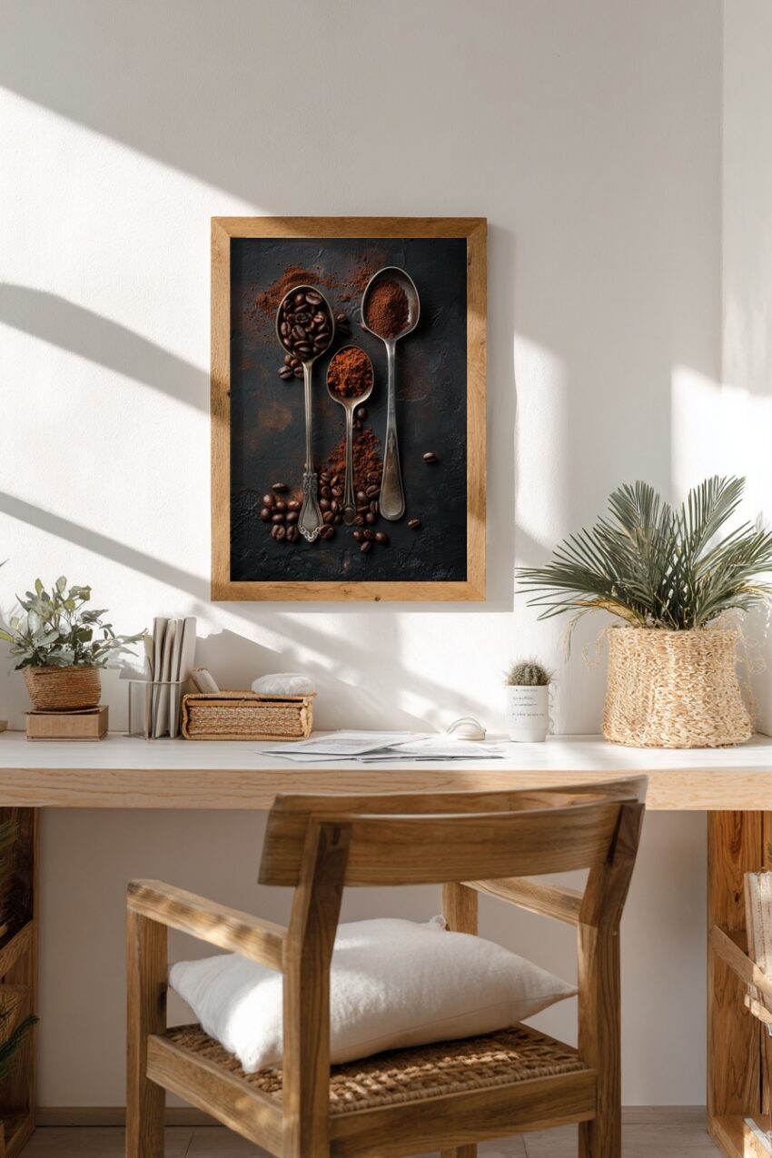 Fotografie Poster Kaffee Kaffeebohnen gemahlen metallisch dunkel