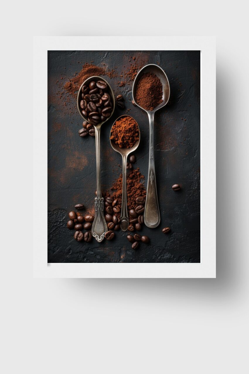 Fotografie Poster Kaffee Kaffeebohnen gemahlen metallisch dunkel