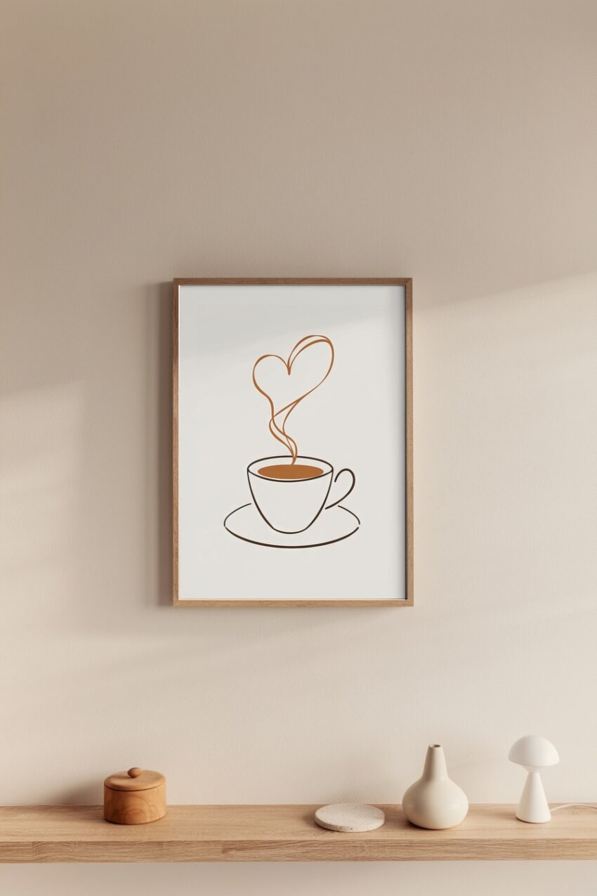 Illustration Poster Tasse minimalistisch Herz Dampf braun