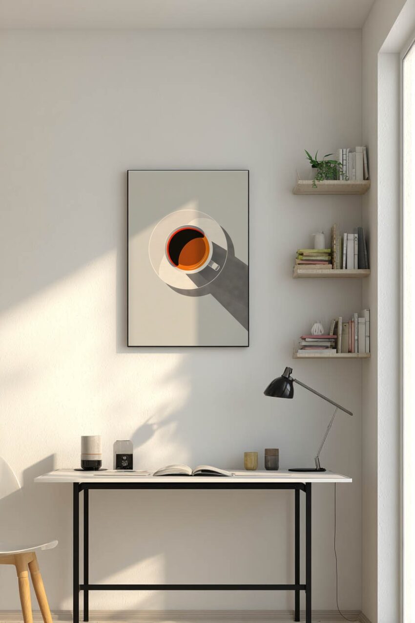 Grafikdesign Poster Kaffeetasse Schatten minimalistisch orange