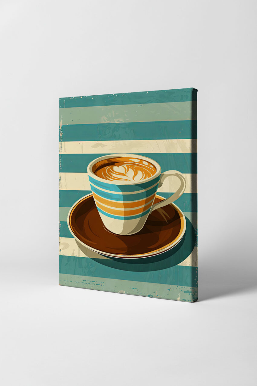 Illustration Poster Kaffeetasse gestreift Herzmuster braun blau