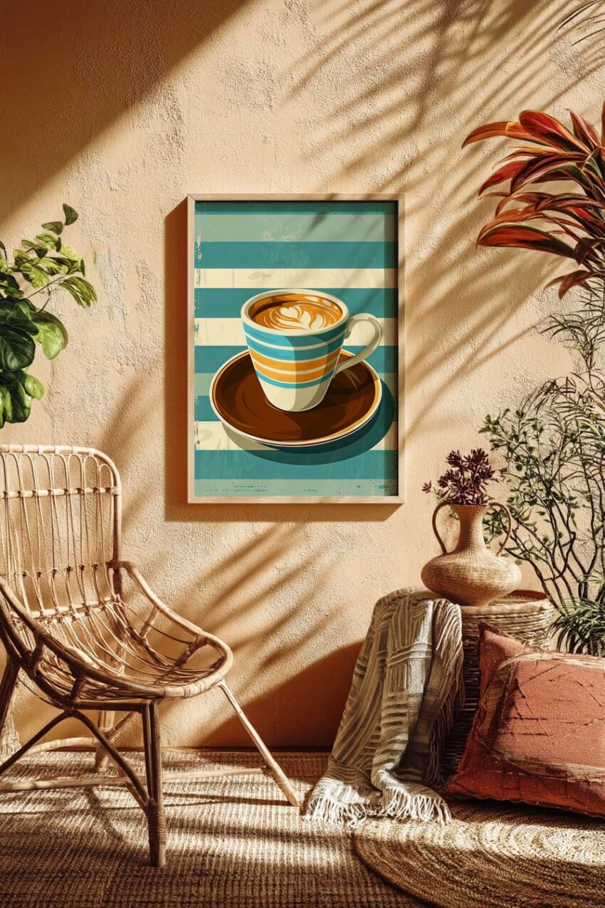 Illustration Poster Kaffeetasse gestreift Herzmuster braun blau