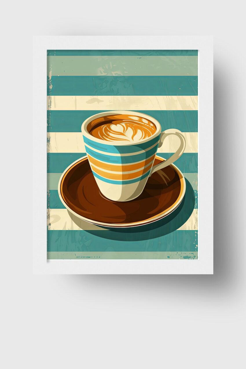 Illustration Poster Kaffeetasse gestreift Herzmuster braun blau