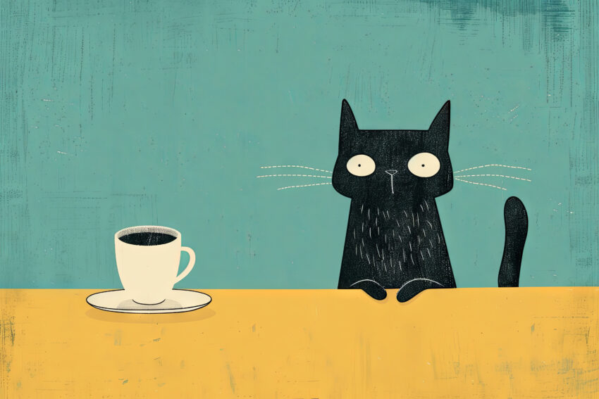 Illustration Poster Katze Kaffeetasse minimalistisch schwarz gelb