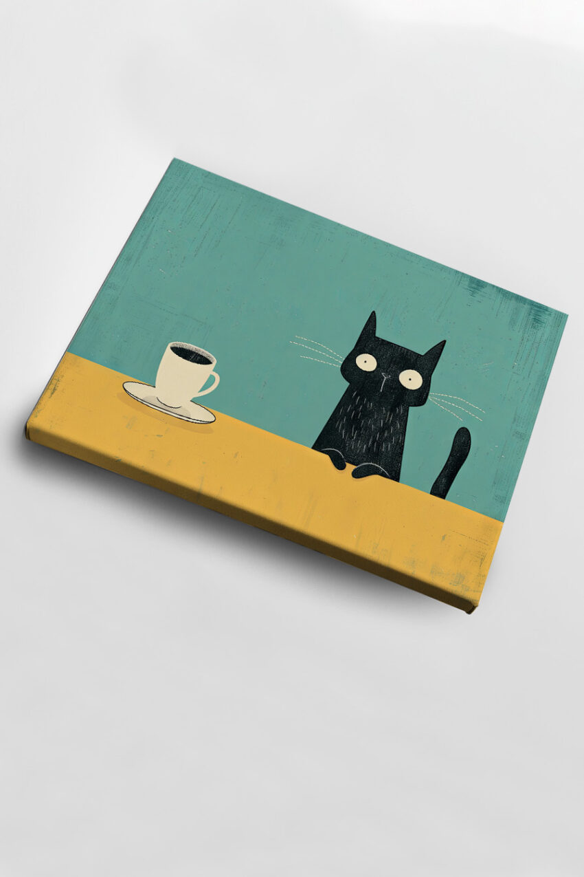 Illustration Poster Katze Kaffeetasse minimalistisch schwarz gelb