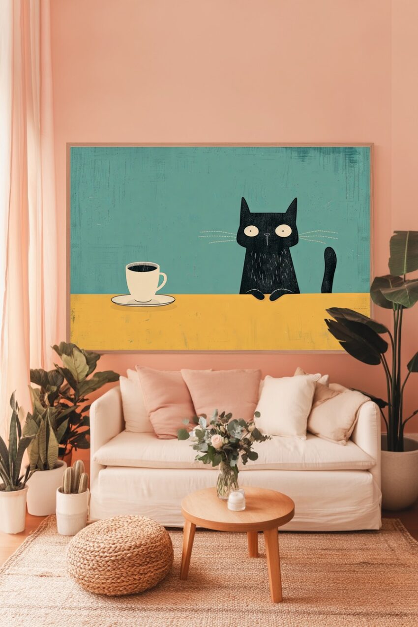 Illustration Poster Katze Kaffeetasse minimalistisch schwarz gelb