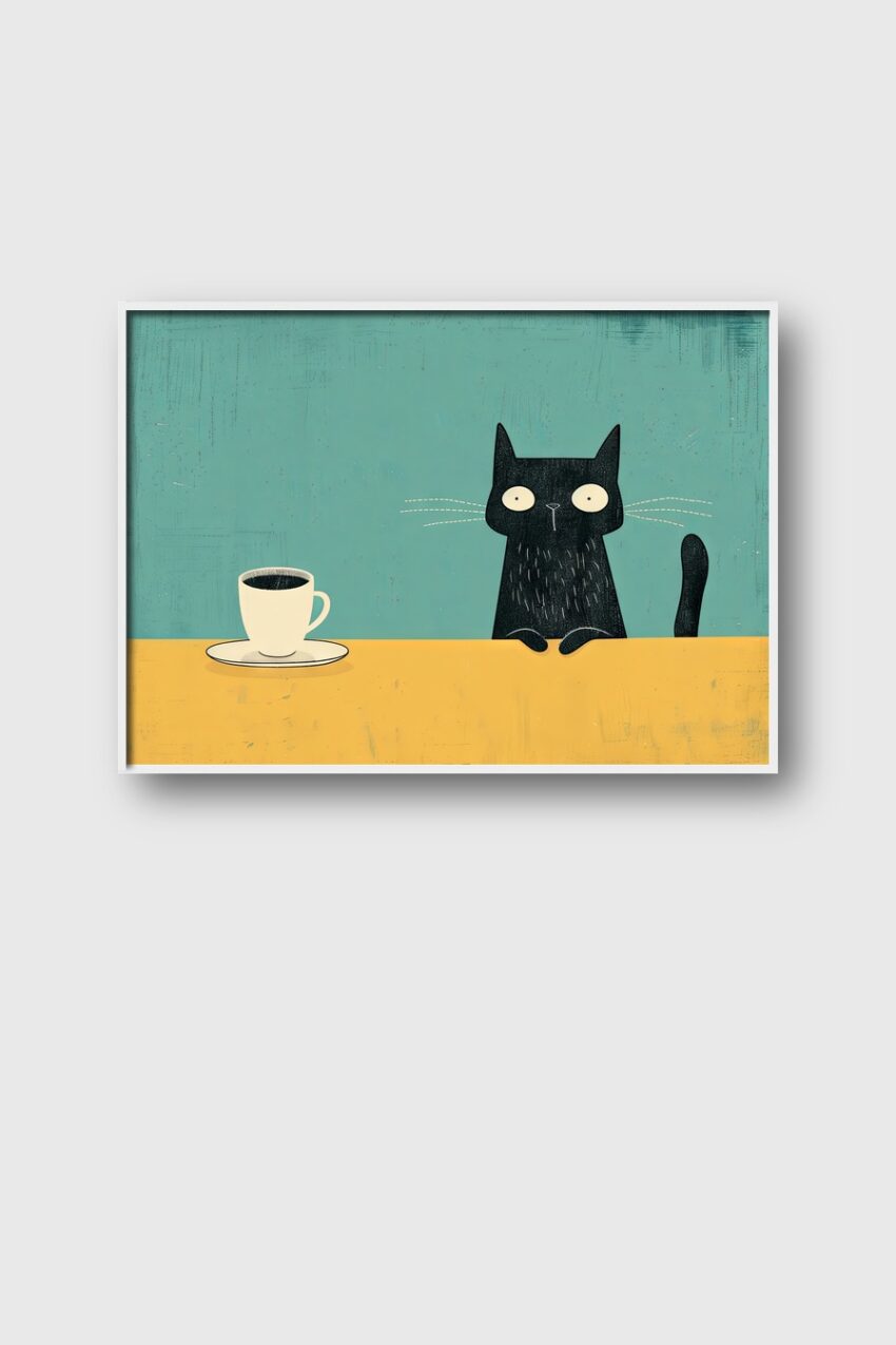 Illustration Poster Katze Kaffeetasse minimalistisch schwarz gelb