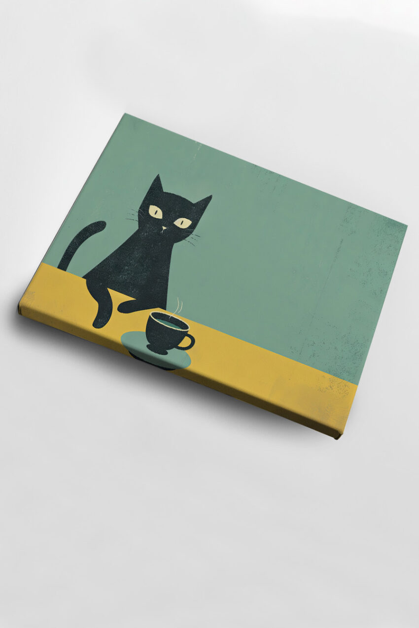 Illustration Poster Katze Tasse schwarz gelb grün