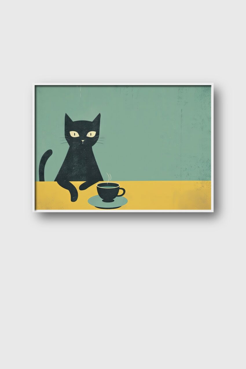 Illustration Poster Katze Tasse schwarz gelb grün