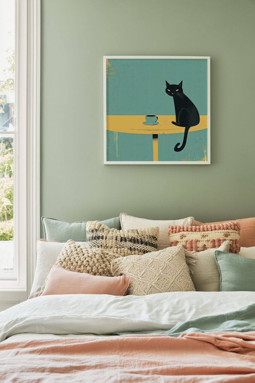 Grafik Poster Katze schwarz minimalistisch türkis gelb