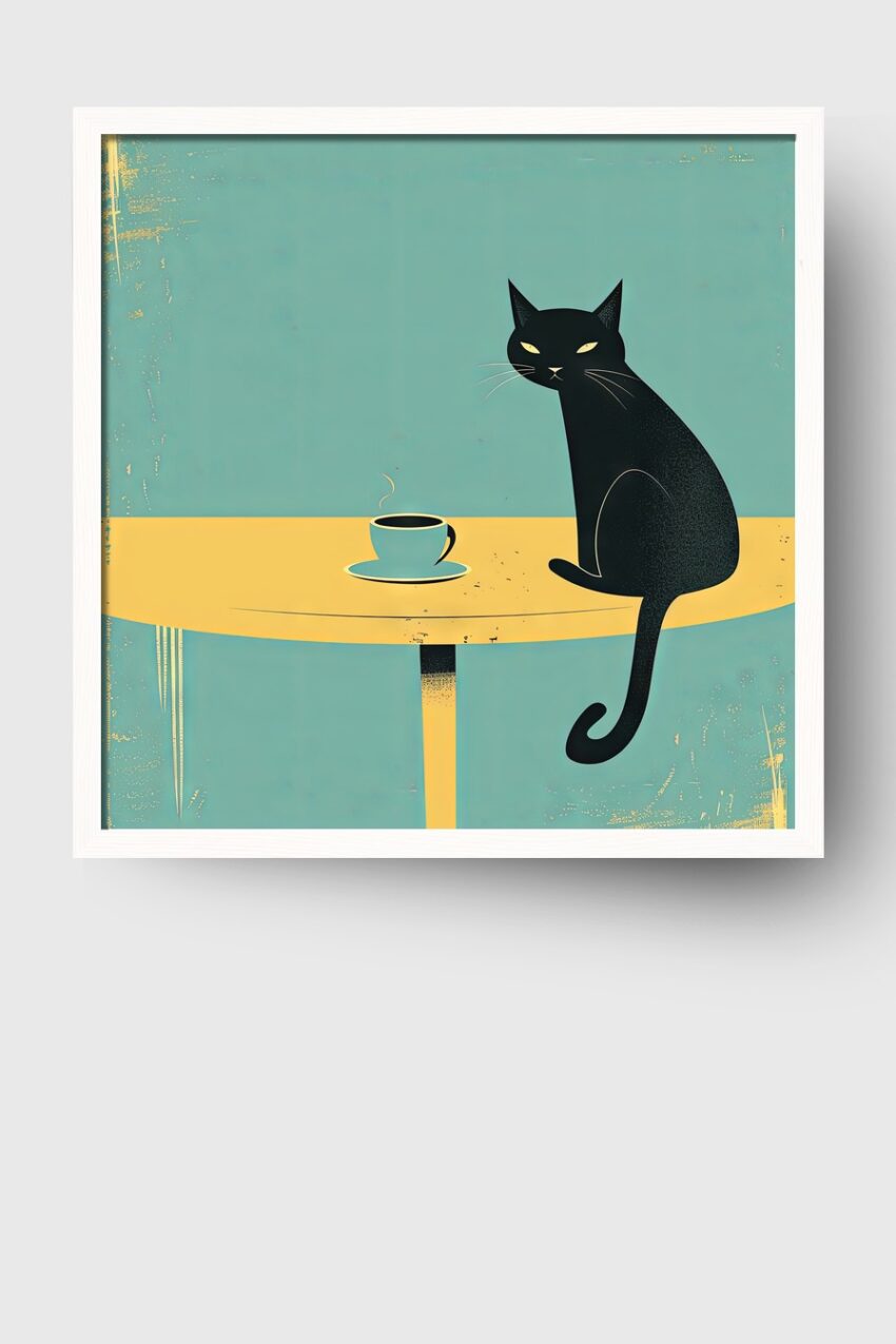 Grafik Poster Katze schwarz minimalistisch türkis gelb