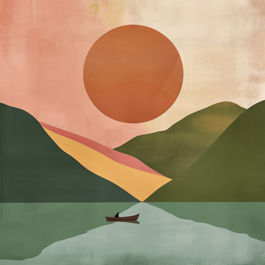 Grafikdesign Poster Boot See minimalistisch orange grün