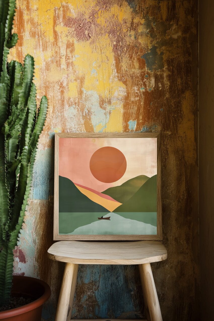 Grafikdesign Poster Boot See minimalistisch orange grün