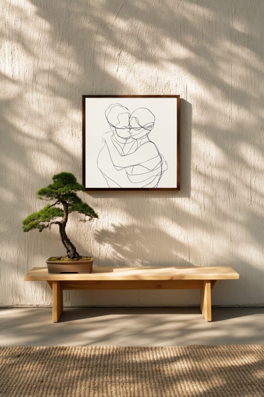 Illustration Poster Umarmung lineare Konturzeichnung schwarz weiß