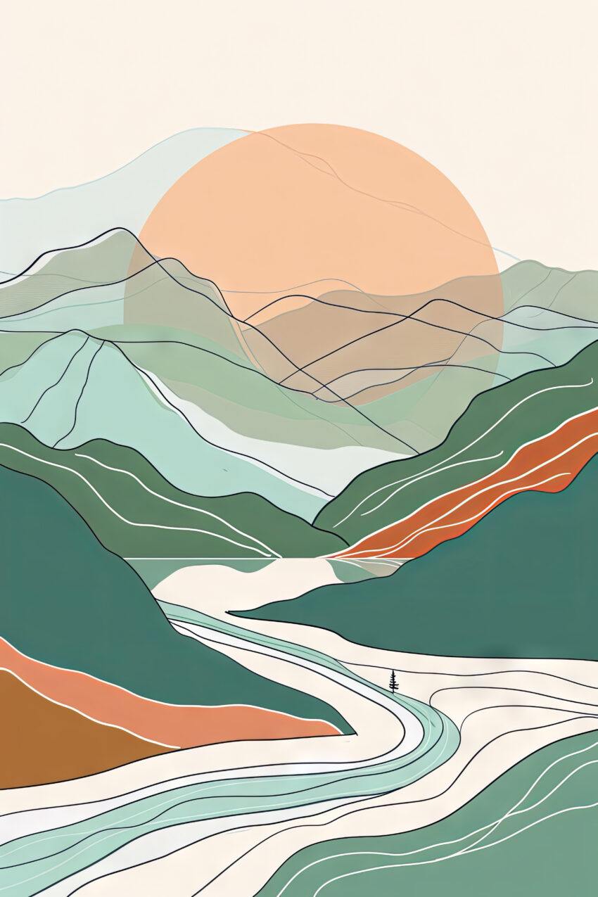 Illustration Poster Berglandschaft minimalistisch grün orange