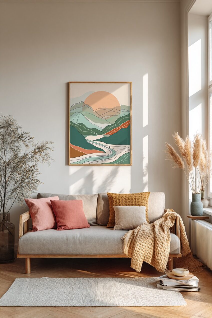 Illustration Poster Berglandschaft minimalistisch grün orange