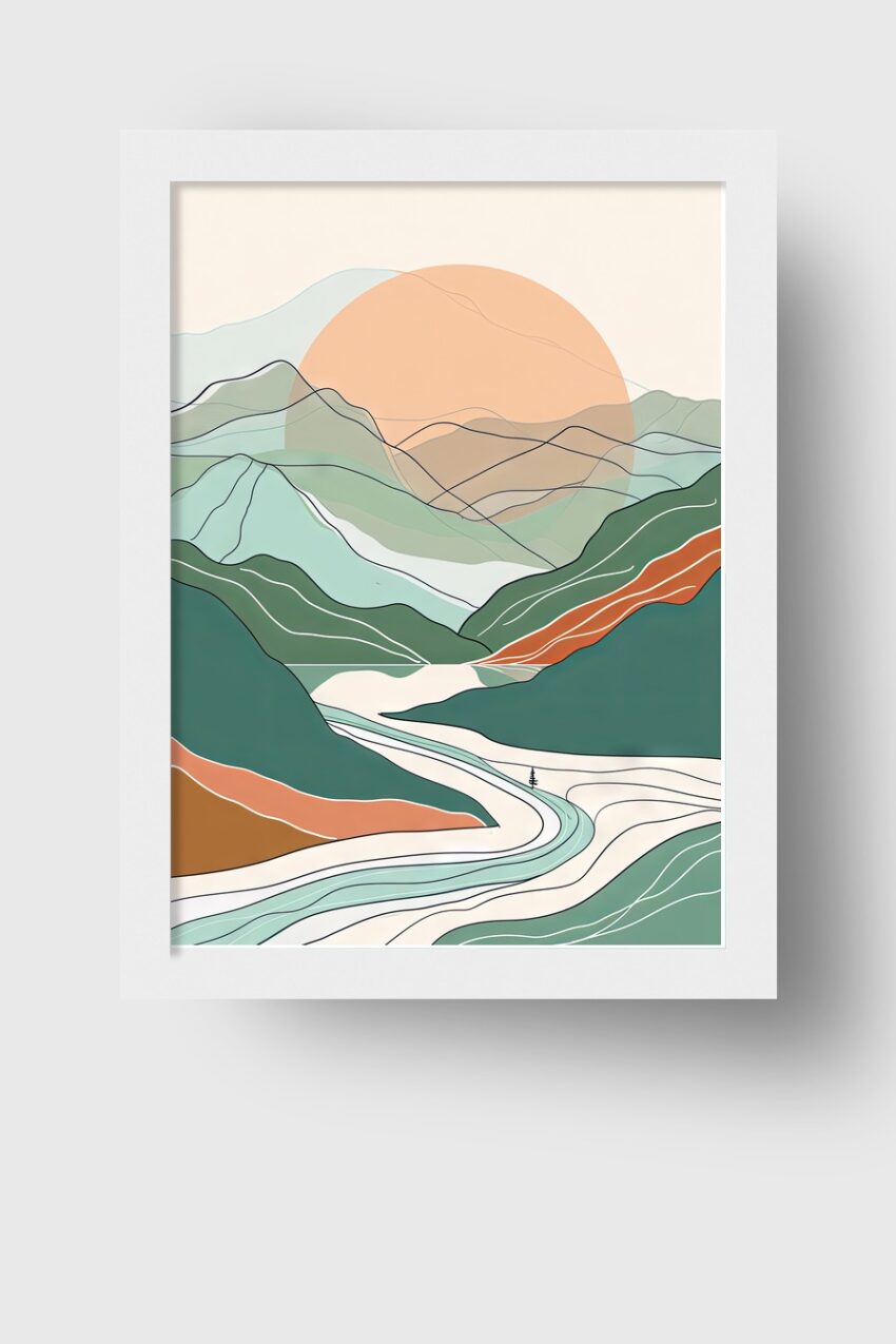 Illustration Poster Berglandschaft minimalistisch grün orange