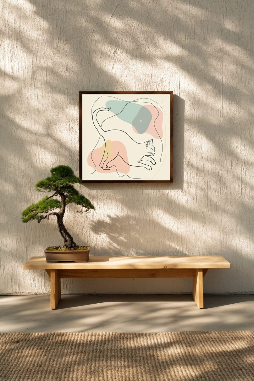 Illustration Poster Katze minimalistisch Linienstil beige rosa grün