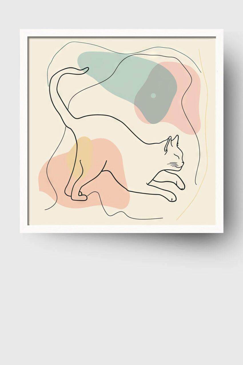 Illustration Poster Katze minimalistisch Linienstil beige rosa grün