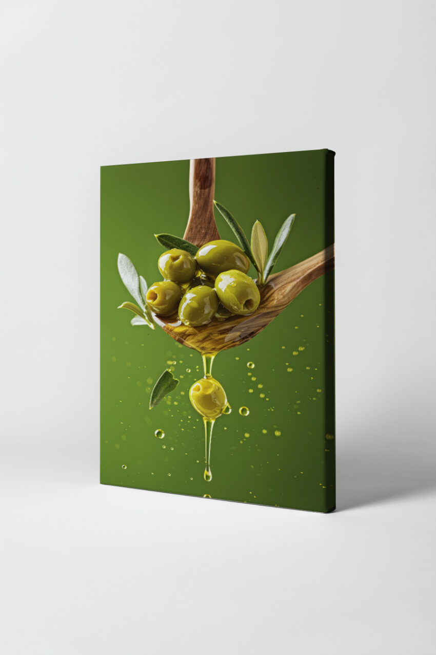 Fotografie Poster Olivenöl glänzend grün Tropfen