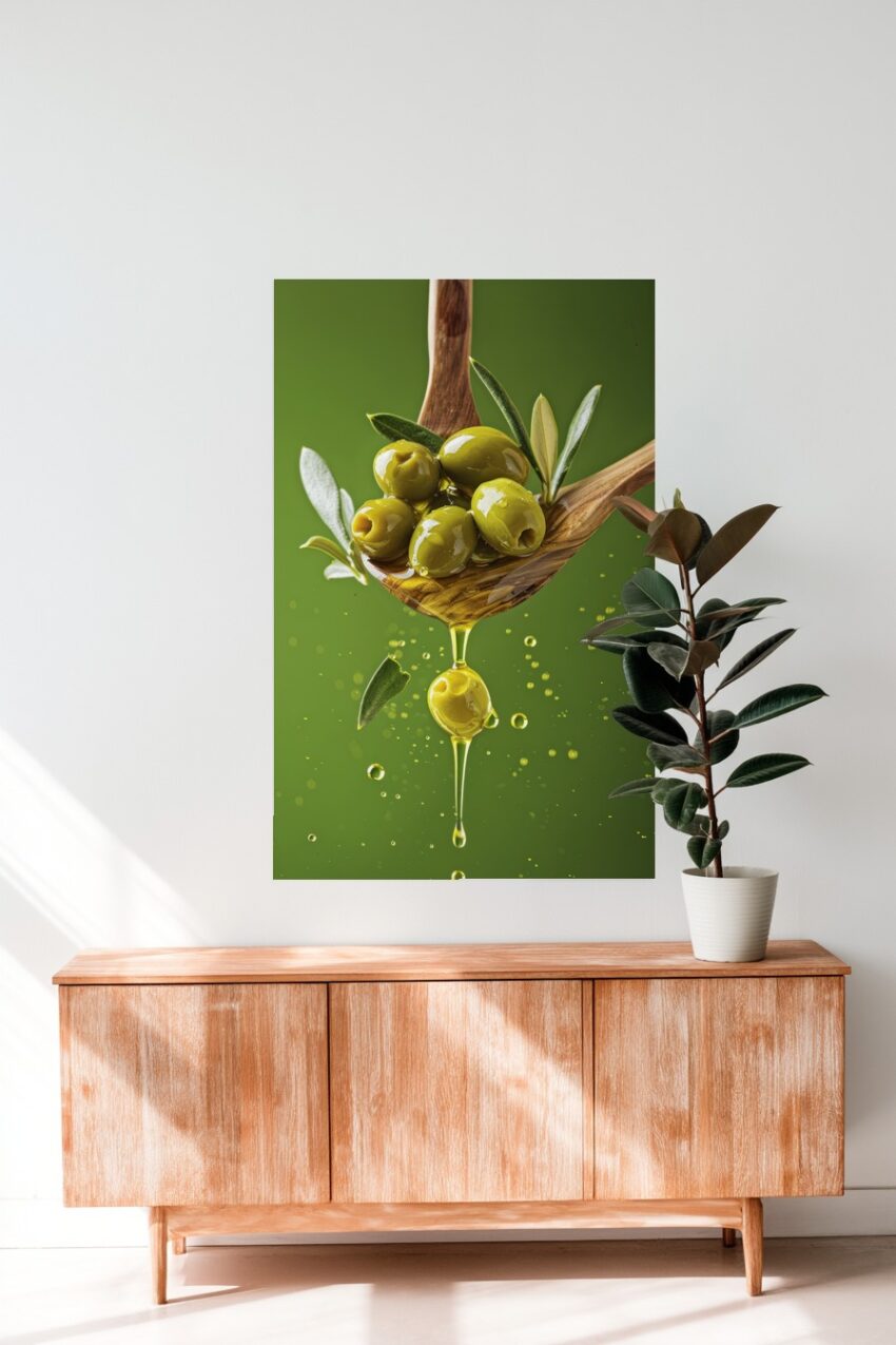 Fotografie Poster Olivenöl glänzend grün Tropfen
