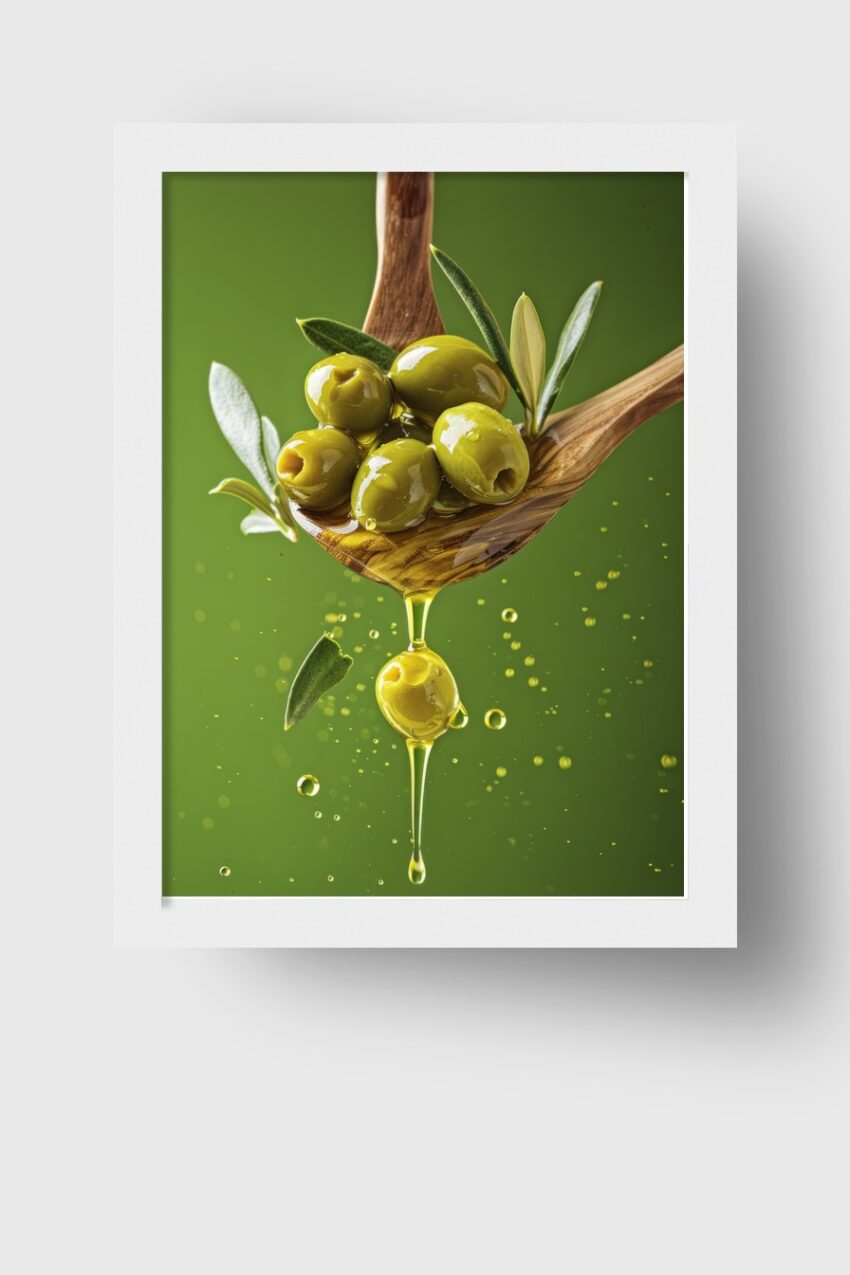 Fotografie Poster Olivenöl glänzend grün Tropfen