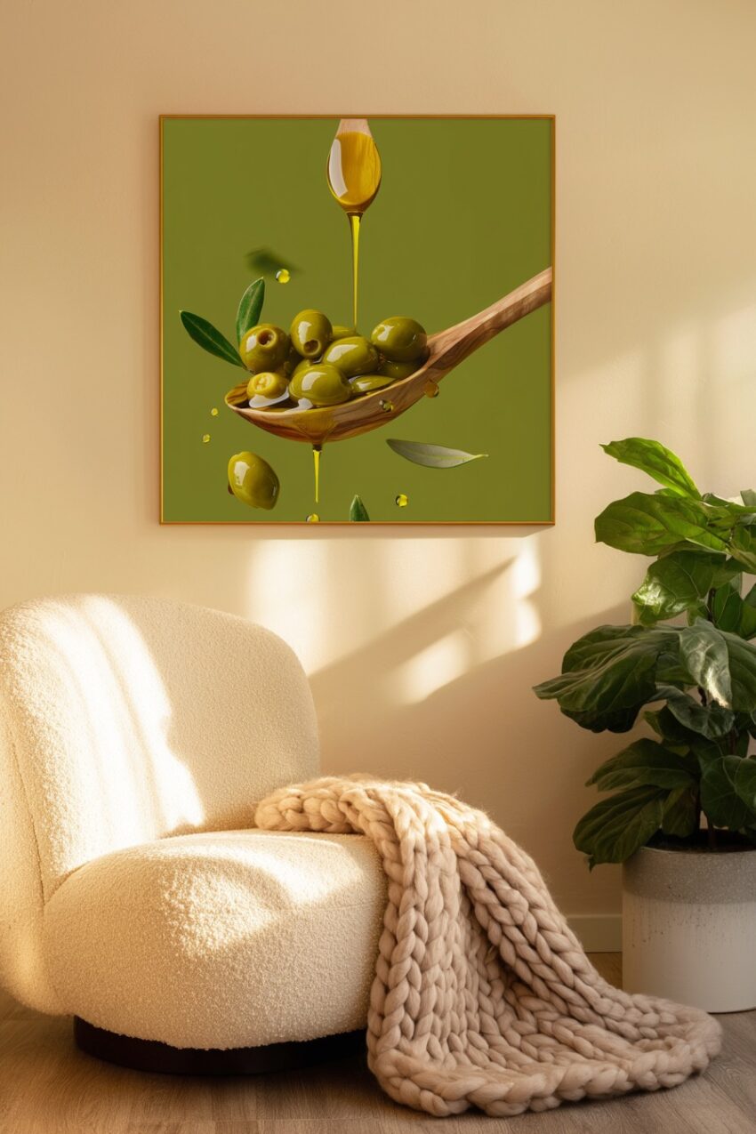 Fotografie Poster Olivenöl Tropfen goldgrün minimalistisch