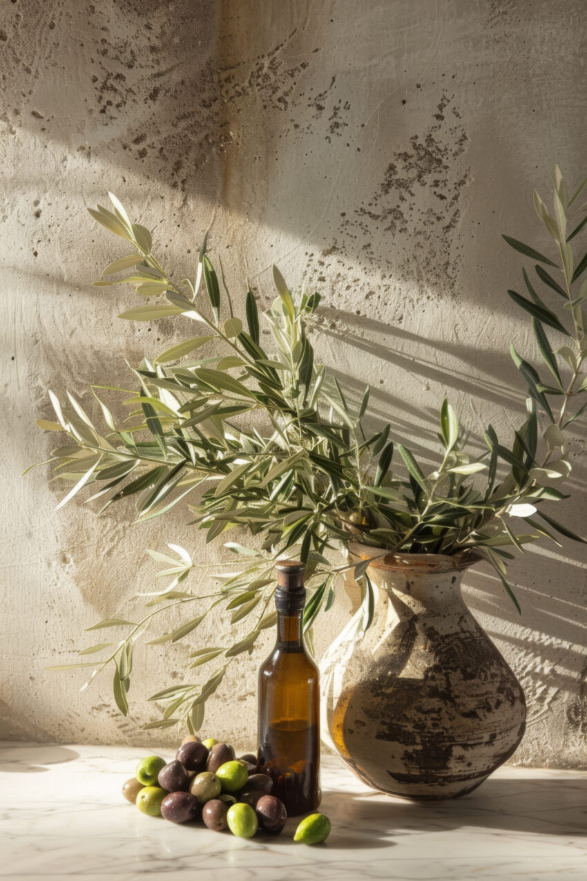 Fotografie Poster Olivenzweig braune Flasche natürliche Farben