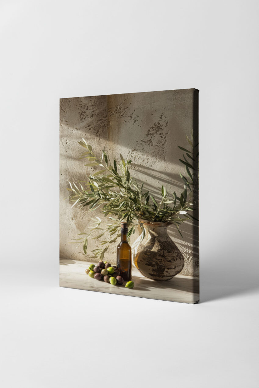 Fotografie Poster Olivenzweig braune Flasche natürliche Farben