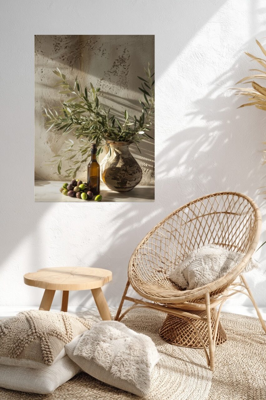 Fotografie Poster Olivenzweig braune Flasche natürliche Farben