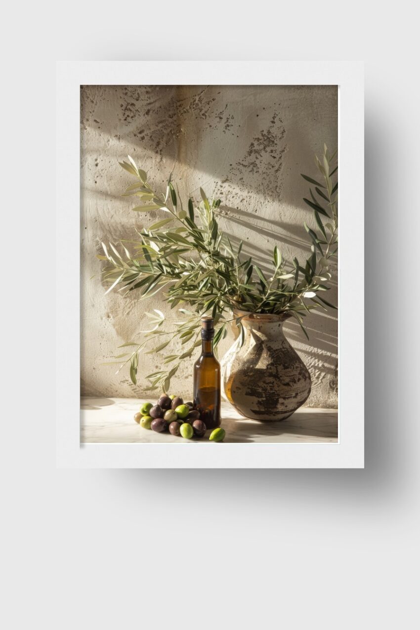 Fotografie Poster Olivenzweig braune Flasche natürliche Farben