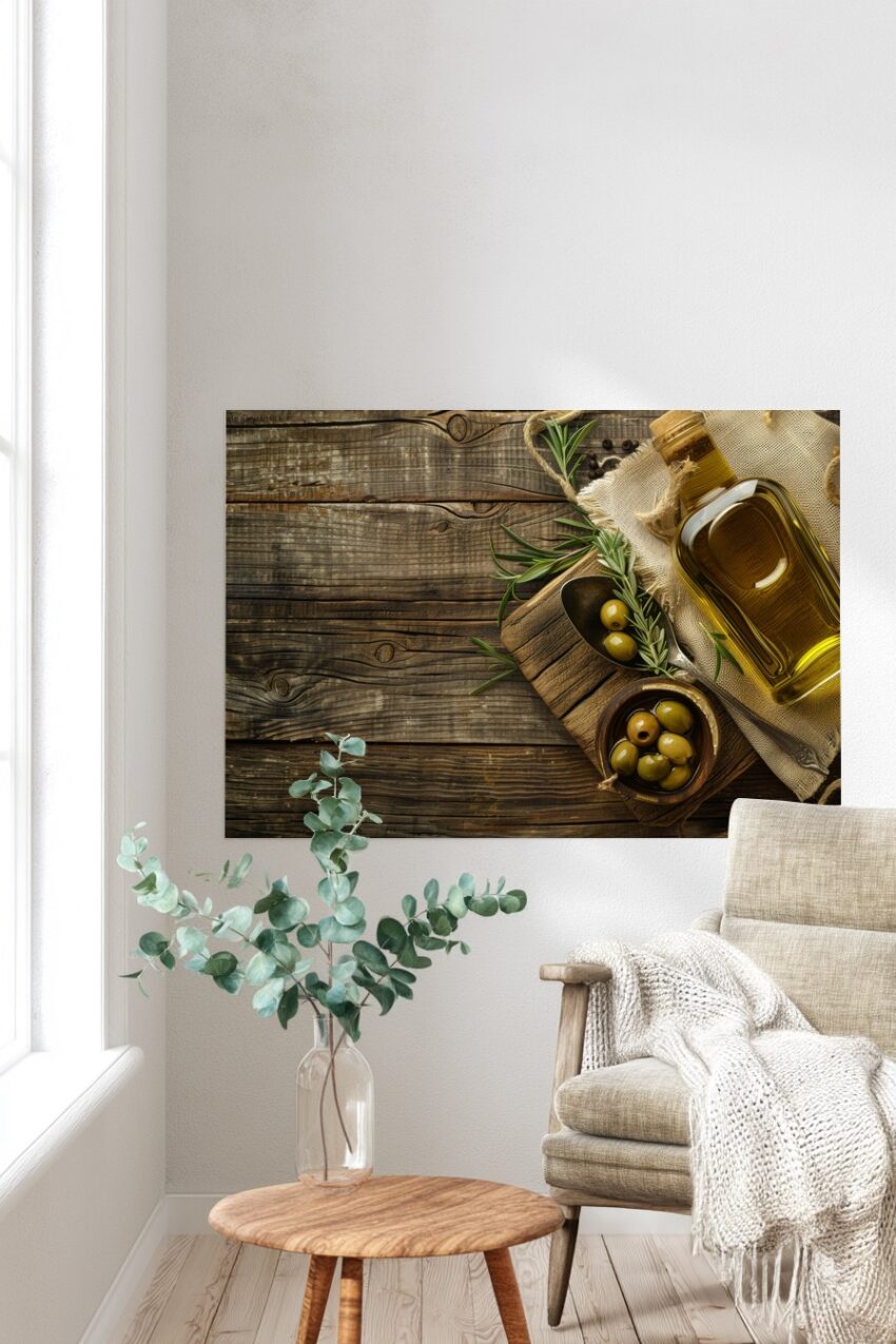 Fotografie Poster Olivenöl Flasche grün gold