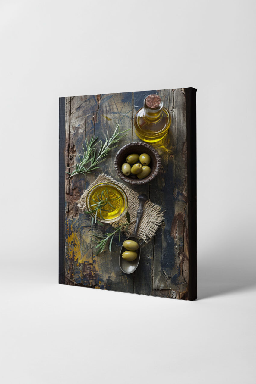 Fotografie Poster Olivenöl grün gold rustikal