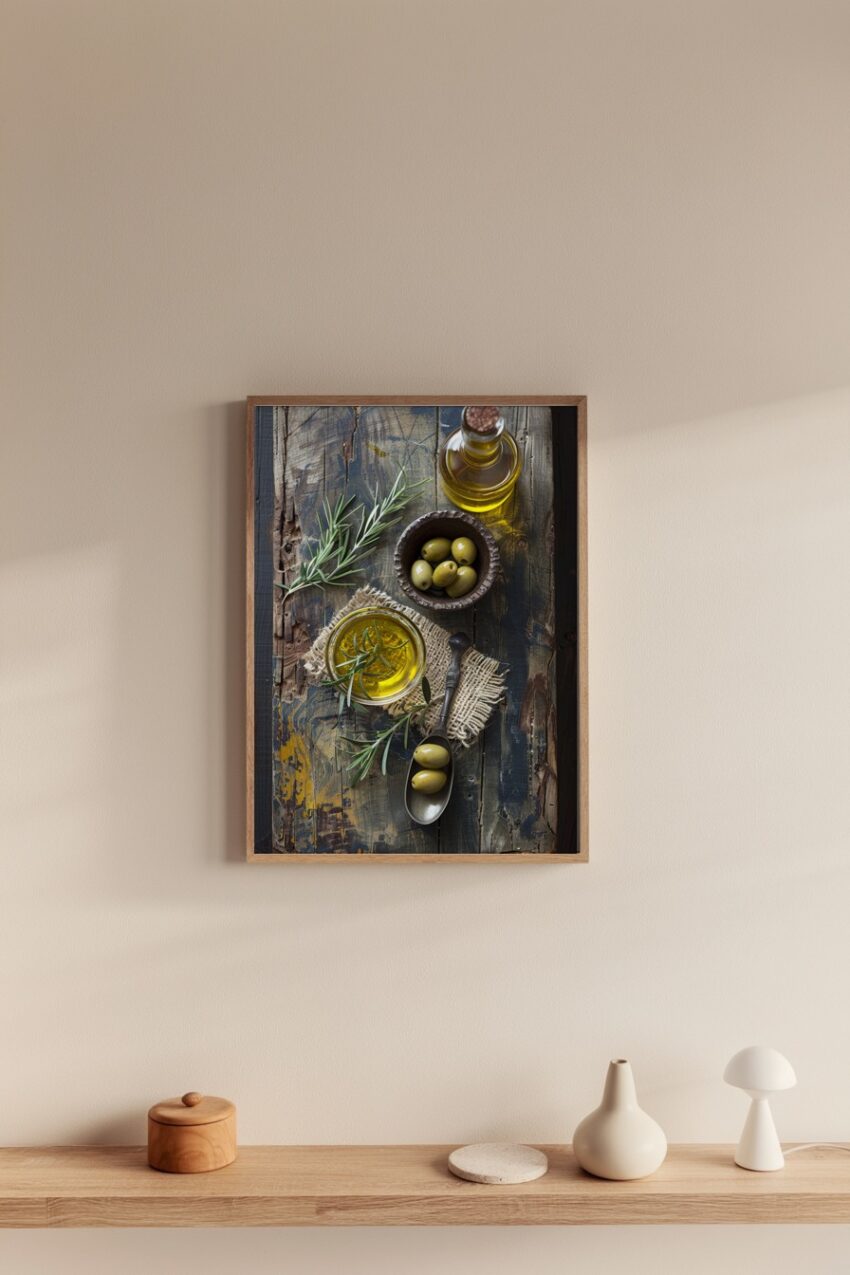 Fotografie Poster Olivenöl grün gold rustikal