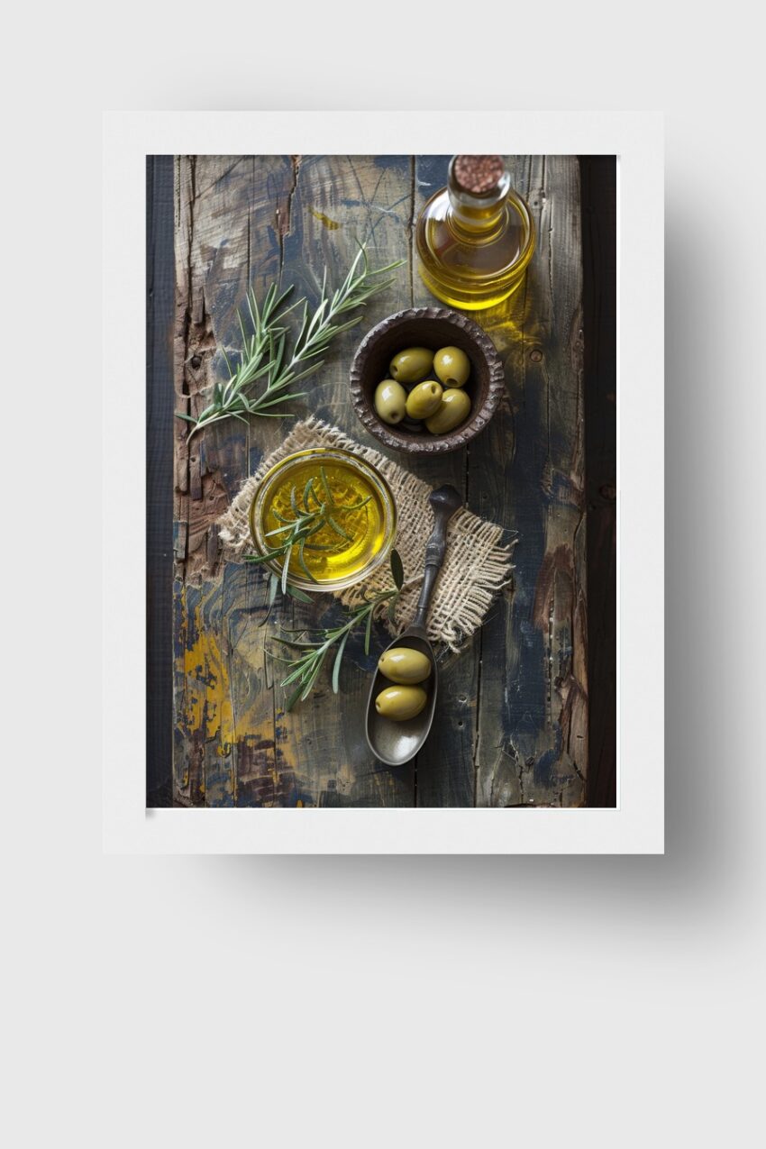 Fotografie Poster Olivenöl grün gold rustikal