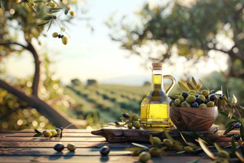 Fotografie Poster Olivenöl Flasche Oliven Gold