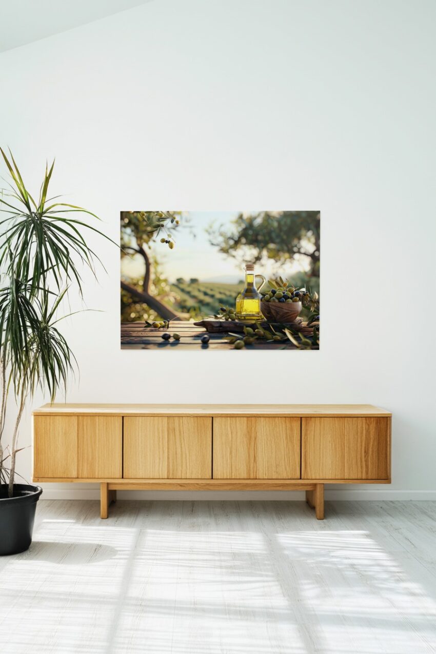 Fotografie Poster Olivenöl Flasche Oliven Gold