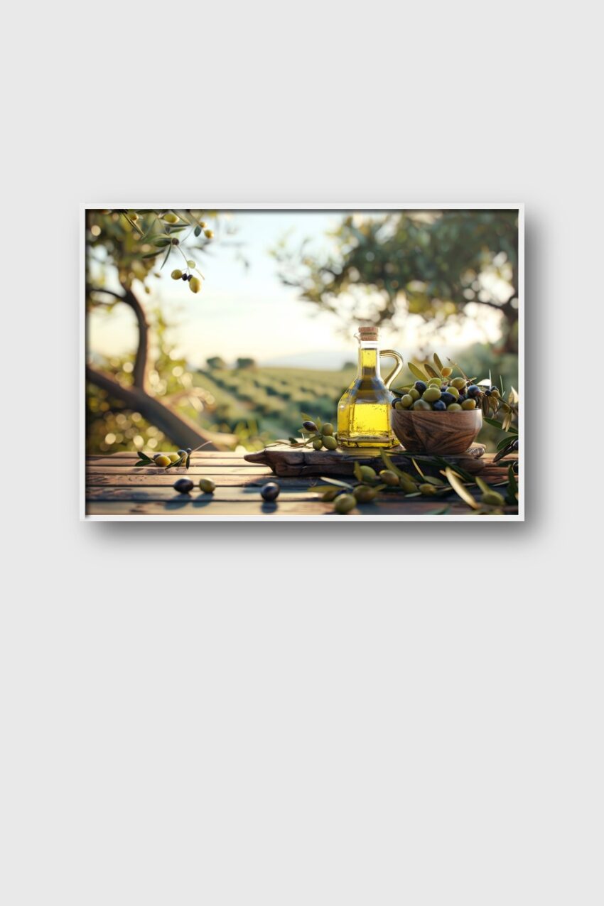 Fotografie Poster Olivenöl Flasche Oliven Gold